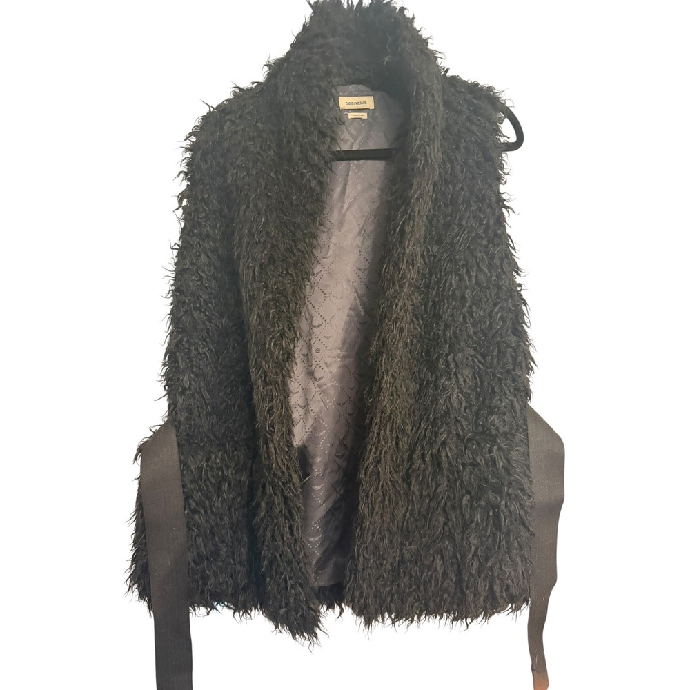 Zadig & Voltaire Black Shaggy Faux Fur Belted Vest Jacket Womens